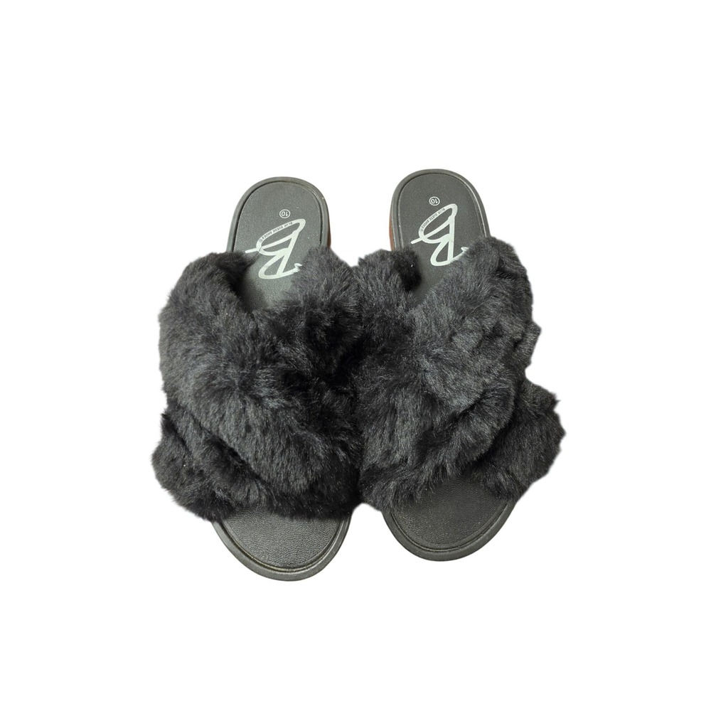 Blue Suede Shoes Womens Black Faux Fur Crisscross Slide Sandals Slippers Size 10